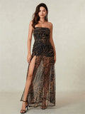 Women’s Tube Top Dress Bohemian Printed Strapless Mesh High Slit Long Dress Summer Evening Party Beach Sexy Club Dresses Summer
