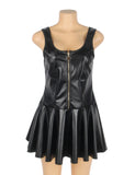 Black PU Leather Wide Strap Mini Dress for Women Heart Zipper Sexy Night Out Clubwear Plus Size Faux Leather Bodycon Babydoll