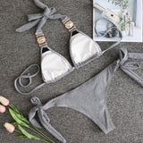 4 Colors Sexy Bikini Women Solid Shining Swimwear Swimsuit Crystal Diamond Female Bandage Halter Beach Bikinis Set Bathing Suit