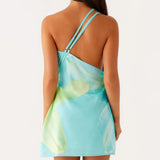 Women Spaghetti Straps Backless Asymmetric Flower Print Mini Dresses Summer Sexy Party Club Slip Dress