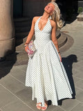 FDYOUI Chic Halter Polka Dot Vacation Dresses for Woman 2026 Summer Lace-up Backless High Waist Tunics Ruched A-line Party Dress
