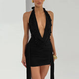 FDYOUI Elegant Halter Neck Water Drop Decoration Party Club Dress for Women 2026 Backless Bandage Folds Short Evening Dresses