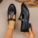 Fashion T Strap Pointed Toe Oxford Shoes Women Ankle Buckle Low Heel Pu Leather Shoes Woman Plus Size 43 Thick Sole Office Shoes