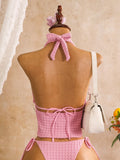 Sexy Pink Plaid Print Bikini Set 2026 Women Bandage Cross Fishbone Top 3 Piece Swimsuit Summer Bathing Suit Holiday Swimwear