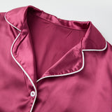 Women's Satin Two Pieces Pajama Sets Fashionable Contrast Color Trim Long Sleeve Button Down Tops with Pants Soft Sleepwear