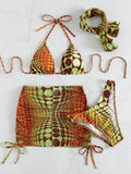 4 Pieces Random Dot Print Tie Side Halter Bikinis Swimsuit & Beach Skirt Sexy Swimwear Women 2026 Bathing Swimming Suit Female
