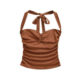 New Women's Fashion Sexy Backless Halter Neck Tie-up Ruched Tube Top Ultra-short Camisole Top In Solid Color Pure Desire F1MR