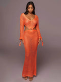 DEKA New Sexy Knit Mesh Cut Out Deep V Neck Long-sleeve Lace-up Fringe Tunic Summer Women Swimsuit Cover-ups Beach Maxi Dress