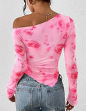 Women's Off-Shoulder Ruffled Sleeve Long-Sleeve Top with Asymmetrical Tie-Dye Mesh Asymmetrical Pleated Floral Print T-Shirt