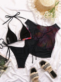 DEKA WomenFloral Print Halter Neck Bikini Set Mesh Cover Swimsuit Women's 3 Piece Vacation Beach Lace-up Swimwear