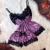 Summer Lace Sleepwear Sexy Satin Pajamas Set Women Nightshirt 2 Pieces Crop Tops and Shorts Set Homewear Loungewear