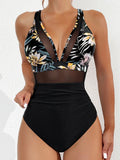 Solid Color One Piece Bikini for Women,sexy Deep-V Neck Suspender Backless Swimsuit,high Waist Translucent Striped Mesh Swimwear