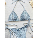 Denim Printed Halter Strappy High Cut Bikini Female Swimsuit Women Swimwear Two-pieces Bikini Set Bather Bathing Suit Swim V5779
