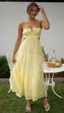 Foridol Strapless Yellow White Summer Dress for Women Elegant Holiday Beach Boho Maxi Long Sundress Backless Sexy Party Vestidos