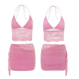 Women Lace Flower 2 Piece Sets Sleeveless Corset Cami Tops + Cut Out Tie-up Mini Skirts Sets Sexy Streewear