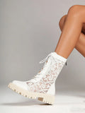 2026 New Big Size 45 Chic Black Lace Mesh Summer Boots Women Round Toe Square Heels Shoelace Zip-up Mid-calf Boots Shoes