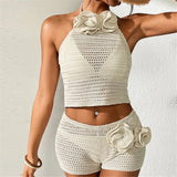 3D Flowers Halter Crochet Knitted 2 Pieces Suits Beach Cover Up Cover-ups Beach Shorts Beach Wear Beachwear Female Women K6598