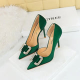 BIGTREE Pumps Elegant Pointed Crystal Buckle Slim High Heel Single Shoes Women Silk Spring/Summer High Heel Pumps Wedding Dress