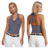Women Striped Low Cut Tank Tops Slim Fit Cowl Neck Open Back Sleeveless Halter Crop Shirts Trendy Summer Streetwear