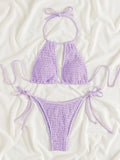 2025 Halter Tie Side Hollow Out Smocked Bikini Women Swimsuit Female Swimwear Two Pieces Bikini Set Swim Bathing Suit Beach Wear