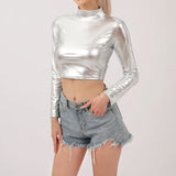 Women Metallic Long Sleeve Crop Tops Shiny Stretch Mock Neck T Shirt Dance Clubwear Ladies Slim Fit Blouses Gold Silver Costumes