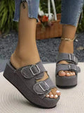 Women Denim Belt Buckle Wedge Heels Slippers Summer2026 Non Slip Thick Sole Beach Slippers Woman Fashion Buckle Platform Sandles