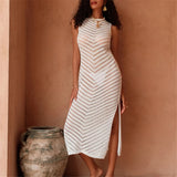 Hollow Out Sleeveless Crochet Knitted Tunic Beach Cover Up Cover-ups Mini Beach Dress Beach Wear Beachwear Female Women V6745