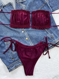 3 Colors Sexy Bikini Bandeau Women Swimwear Swimsuit Pleated Lettuce Trim Hollow Knotted Bikinis Set Bathing Suit Beach Bikini