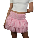 Women Vintage Mini Skirt Elegant High Waist Pleated Printed Ruffled Layered Skirt Summer A-line Skirt Streetwear