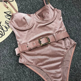 Ribbed Push up Underwired Metal Chain Women Swimwear One Piece Swimsuit Female Waist Belt Monokini Bather Bathing Suit Swim Lady