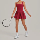 Naked Fake Two Piece Tennis Dresses with Pocket Bottom Women Back Hollow Out Pleate Skirts Outwear Square Collar Golf Yoga Dress