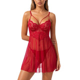 Deep V netted embroidered nightgown and thong set. Red lace strapless sexy women's homewear. ZA825096