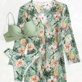 Boho Style Women's 3 Pieces Swimsuit Floral Bikini Set+Long Sleeve Cover-Up Swimwear Sexy Low Waist Tankinis Beachwear Holiday