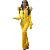 Women Winter Jumpsuit with Gloves Elastic Waist Thickened Padded Snowsuit Hooded Windproof Outdoor Ski Outfit Waterproof Jacket