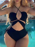 2026 Drawstring Swimsuit Solid Cut Out Knot Halter One Piece Swimwear Women Padded Bathing Suit Female Swimming Summer Beachwear