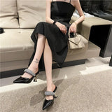 American pointed rhinestone high-heeled slippers women slim heels with toe caps, empty fashion sandals,