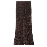 Women's Fashion Sequined Long Dress Womens Brown Sequin Mermaid Maxi Skirt High Waist Bodycon Flare Party Skirt Pure Desire N3OM