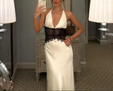 Summer Backless Sexy Long Dresses Women's Gown Patchwork Lace Halter V Neck Sleeveless High Waist Elegant Vestidos Para Mujer