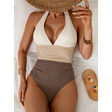S - XL Splicing V Neck Backless Halter Women Swimwear One Piece Swimsuit Female Monokini Padded Bather Bathing Suit Swim V7559