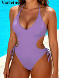 S - XXL 6 Colors Cut Out Halter One Piece Swimsuit Women Swimwear Female High Cut Leg Monokini Bather Bathing Suit Swim V7460