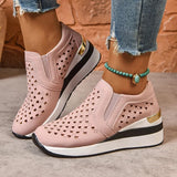 2025 New Hollow Out Wedges Sneakers Women Plus Size Pu Leather Thick Sole Loafers Woman Slip On Breathable Casual Shoes Female