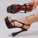 2027 New Arrival Weave Narrow Band Back Buckle Strap Women Platform Sandals Strange High Heels  Party Dress Shoes Size 42