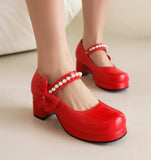 Pearl Beaded High Heels Shoes Ladies Wedding Mary Janes Block Heeled Pumps Woman Hook&Loop Tacones Wedges Escarpins Femme