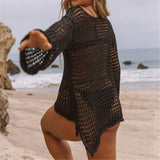 Long Sleeve Hollow Out Top Crochet Knitted Tunic Beach Cover Up Cover-ups Beach Dress Beach Wear Beachwear Female Women V4250