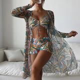 New Women's 3 Pieces Swimsuit Allover Print Tankini+Long Gauze Coat Cover-Up Swimwear High Waist Shorts Bathing Suit Beachwear