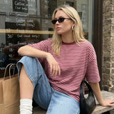 Summer Women's Loose T-shirt Casual Stylish Striped Crew Neck Short Sleeve Drop Shoulder Tee Tops