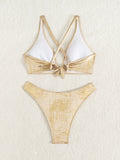 DEKA New Summer Gold Push Up Swimwear Brazilian Bikini Set Back-Crossed Backless Bikini Women Solid Split Waist Beach Vacation