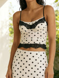 Women Fashion Dot Print Lace Patchwork Crop Tops Summer Slim Camisole Spaghetti Strap Mesh Tank Tops Streetwear