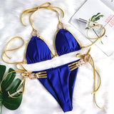 Bikini 2026 Sexy Backless Golden Rhinestone Metal Strap Hollow Swimwear Swimsuit Women Halter Bikinis Set Bathing Suit Banadores