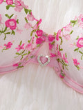 PINK embroidered floral lingerie set - a sexy bra and thong combination with heart-shaped decorations for ladies ZA824026